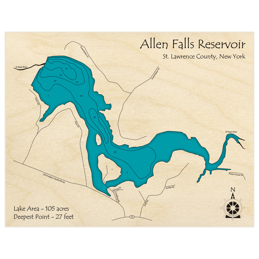 Bathymetric topo map of Allen Falls Reservoir with roads, towns and depths noted in blue water