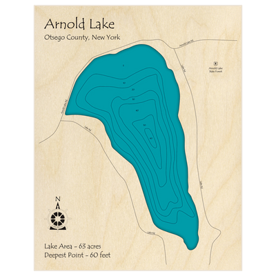 Bathymetric topo map of Arnold Lake with roads, towns and depths noted in blue water