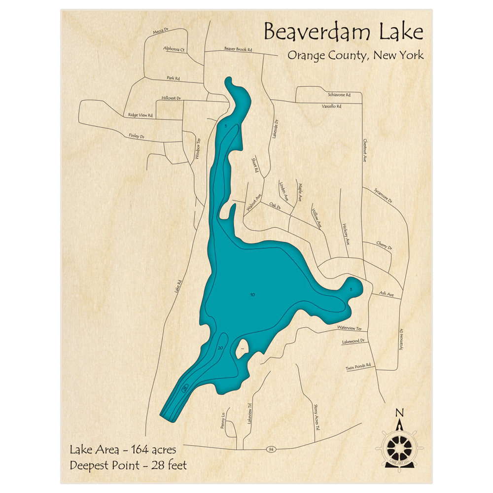 Bathymetric topo map of Beaverdam Lake with roads, towns and depths noted in blue water