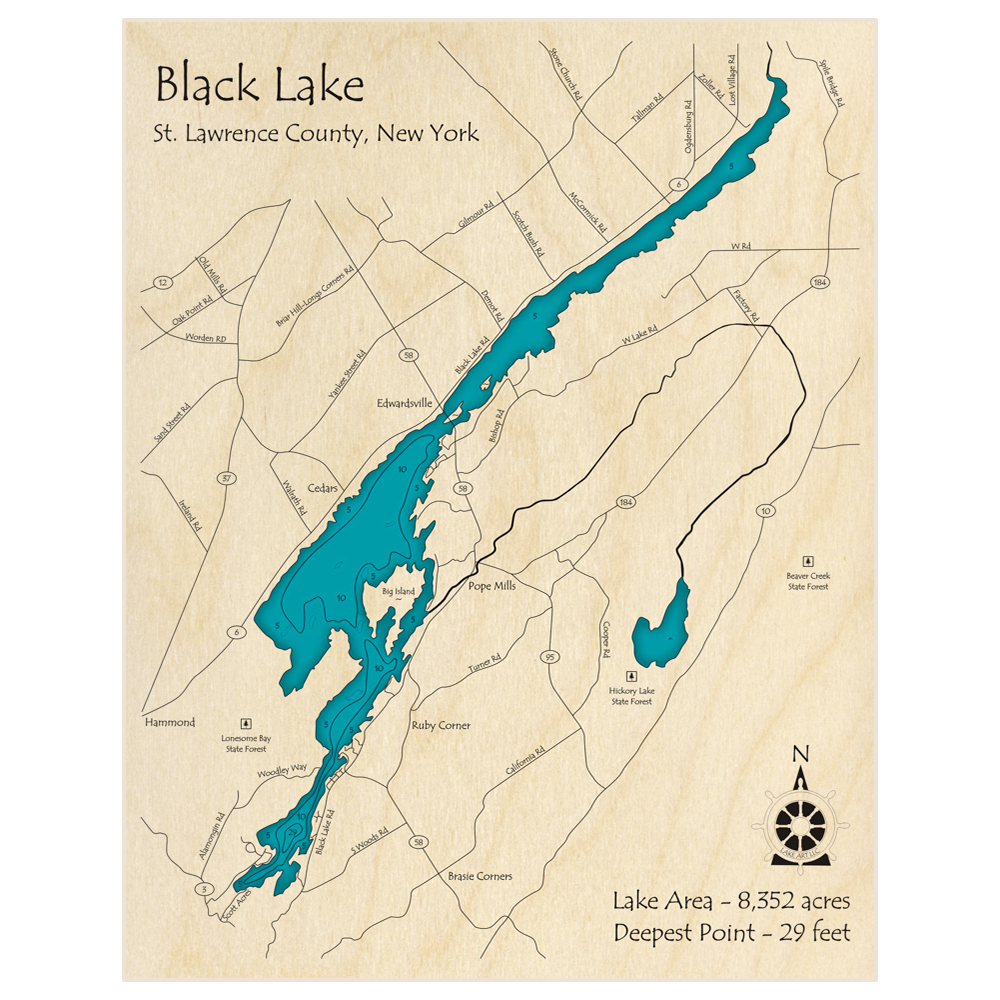 Bathymetric topo map of Black Lake with roads, towns and depths noted in blue water