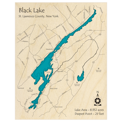 Bathymetric topo map of Black Lake with roads, towns and depths noted in blue water