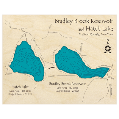 Bathymetric topo map of Bradley Brooke Reservoir and Hatch Lake with roads, towns and depths noted in blue water