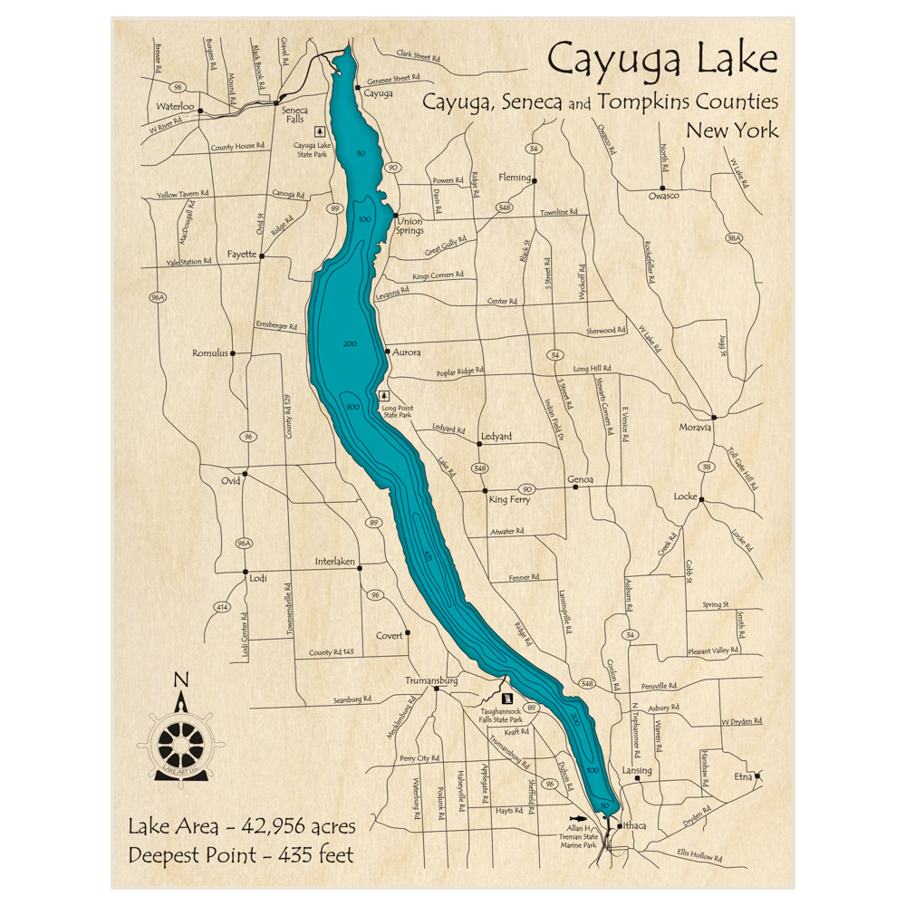 Bathymetric topo map of Cayuga Lake with roads, towns and depths noted in blue water