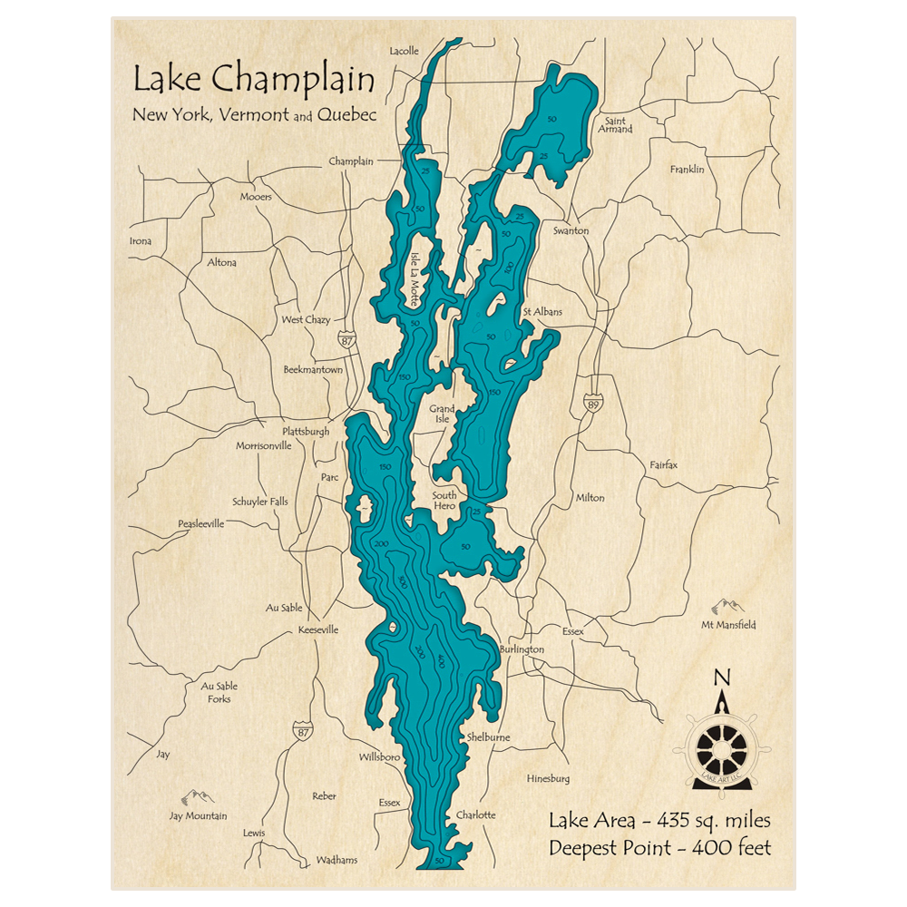 Bathymetric topo map of Lake Champlain (Lacolle to Wadhams) with roads, towns and depths noted in blue water