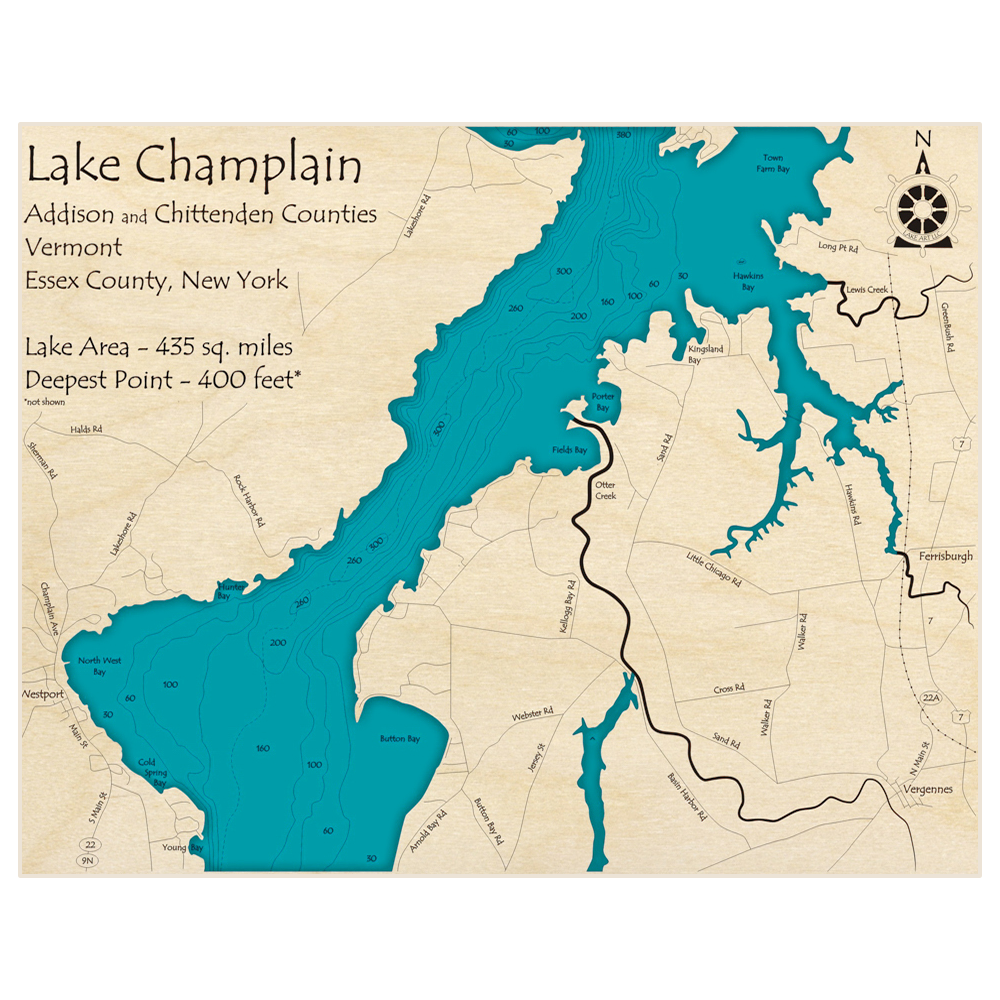 Bathymetric topo map of Lake Champlain (zoom: Vergennes to Westport) with roads, towns and depths noted in blue water
