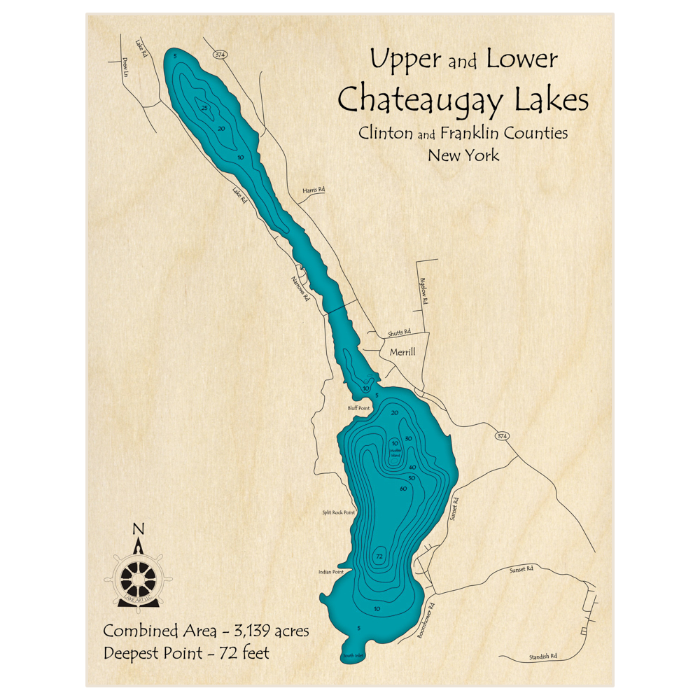 Bathymetric topo map of Chateaugay Lakes (Upper and Lower Lakes) with roads, towns and depths noted in blue water