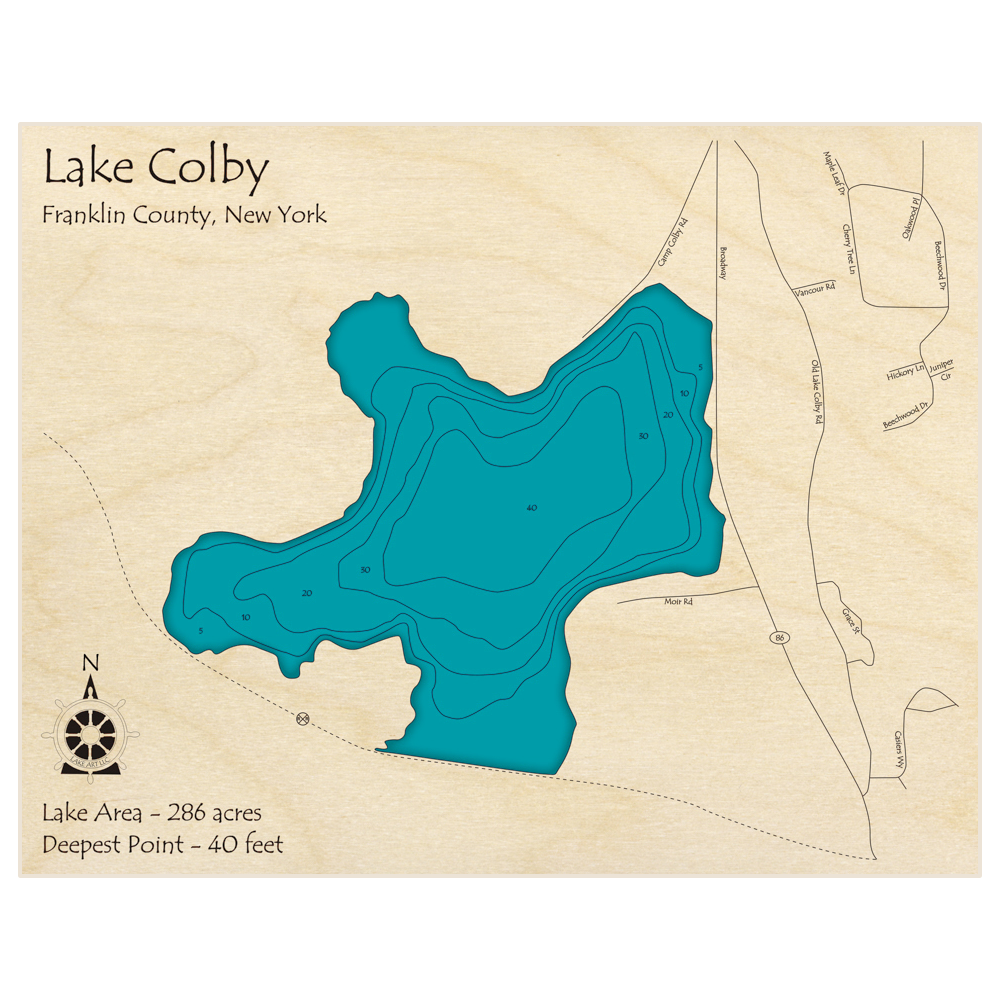 Bathymetric topo map of Lake Colby with roads, towns and depths noted in blue water