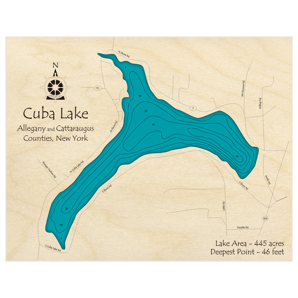 Bathymetric topo map of Cuba Lake with roads, towns and depths noted in blue water