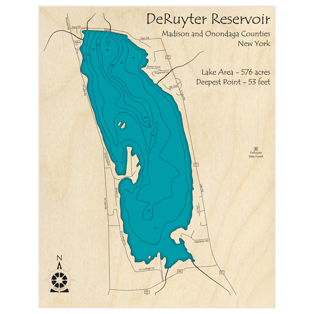 Bathymetric topo map of DeRuyter Reservoir with roads, towns and depths noted in blue water