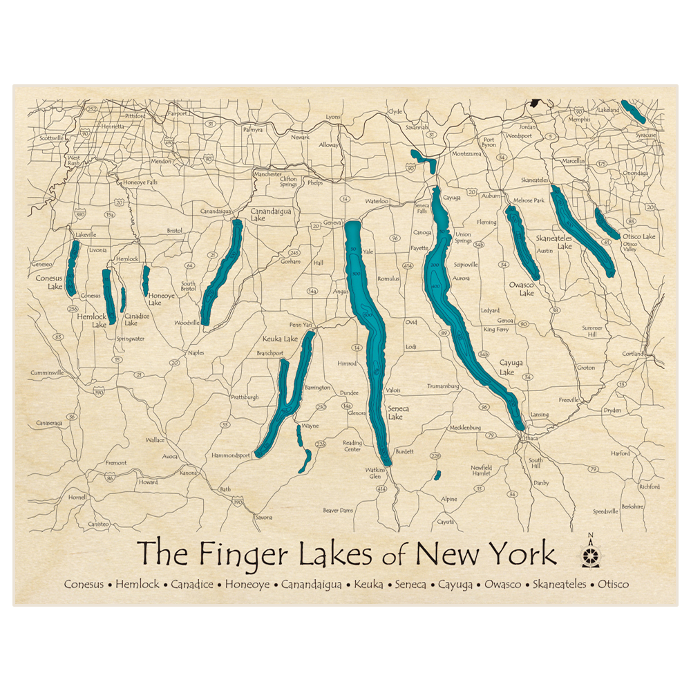 Bathymetric topo map of Finger Lakes of New York with roads, towns and depths noted in blue water