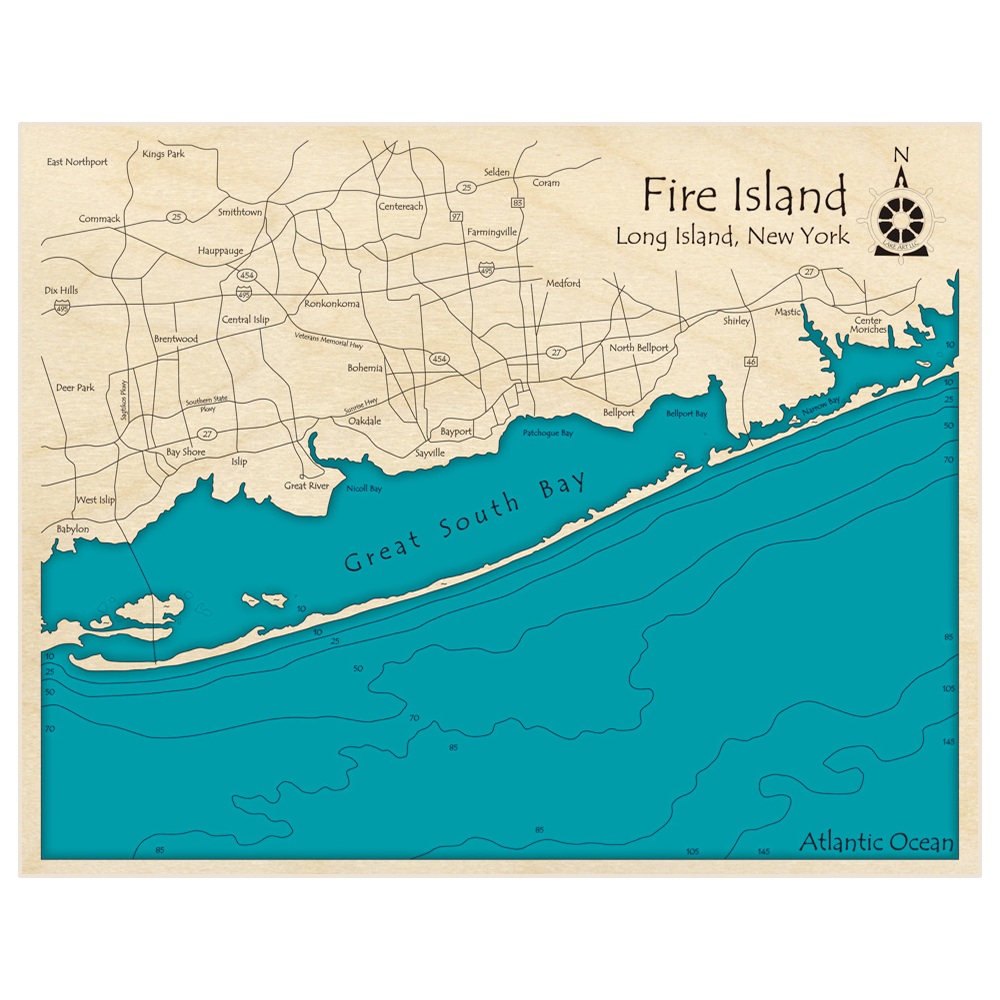 Bathymetric topo map of Fire Island - Long Island Sound with roads, towns and depths noted in blue water