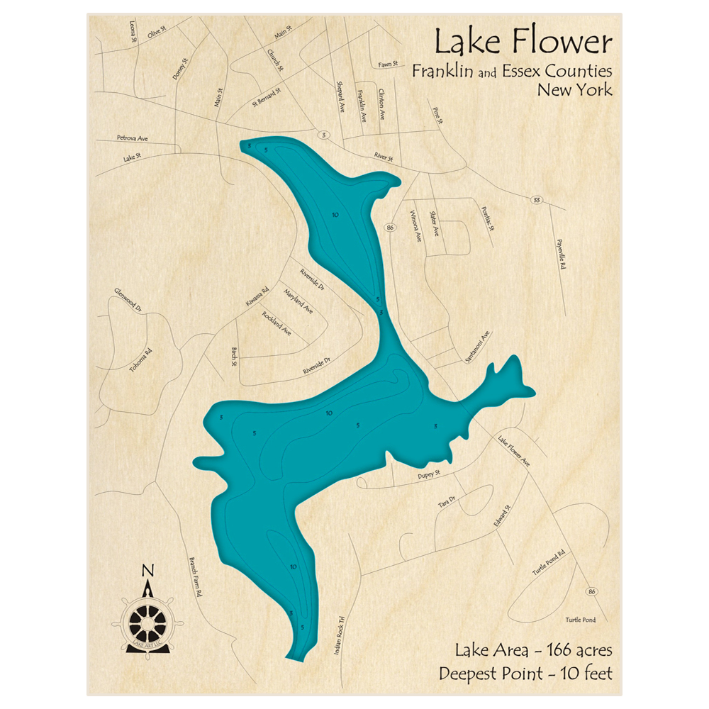 Bathymetric topo map of Lake Flower with roads, towns and depths noted in blue water