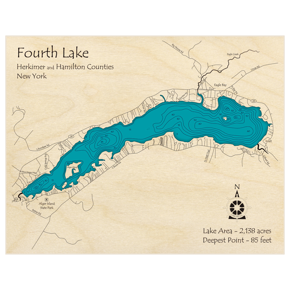 Bathymetric topo map of Fourth Lake with roads, towns and depths noted in blue water