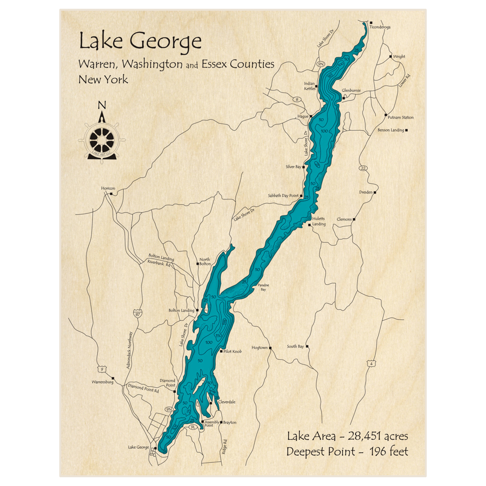 Bathymetric topo map of Lake George with roads, towns and depths noted in blue water