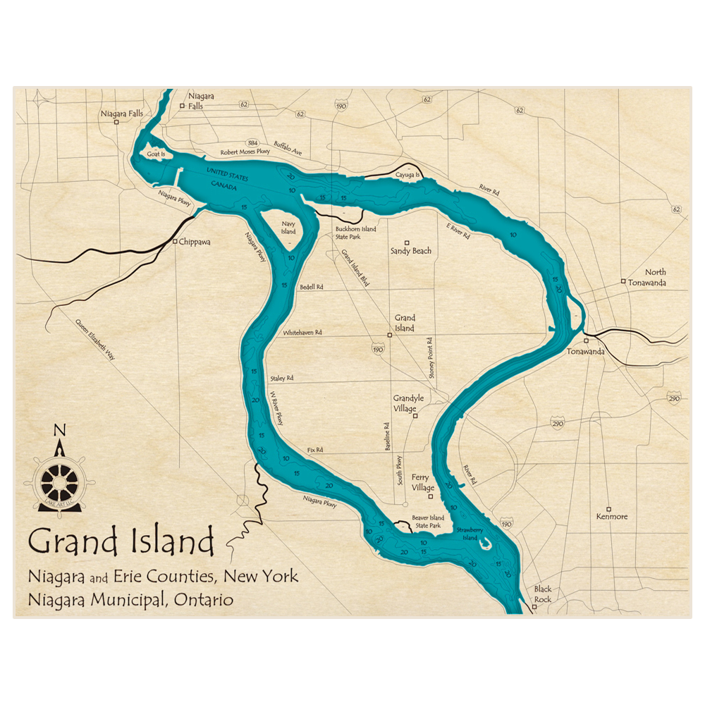 Bathymetric topo map of Grand Island with roads, towns and depths noted in blue water
