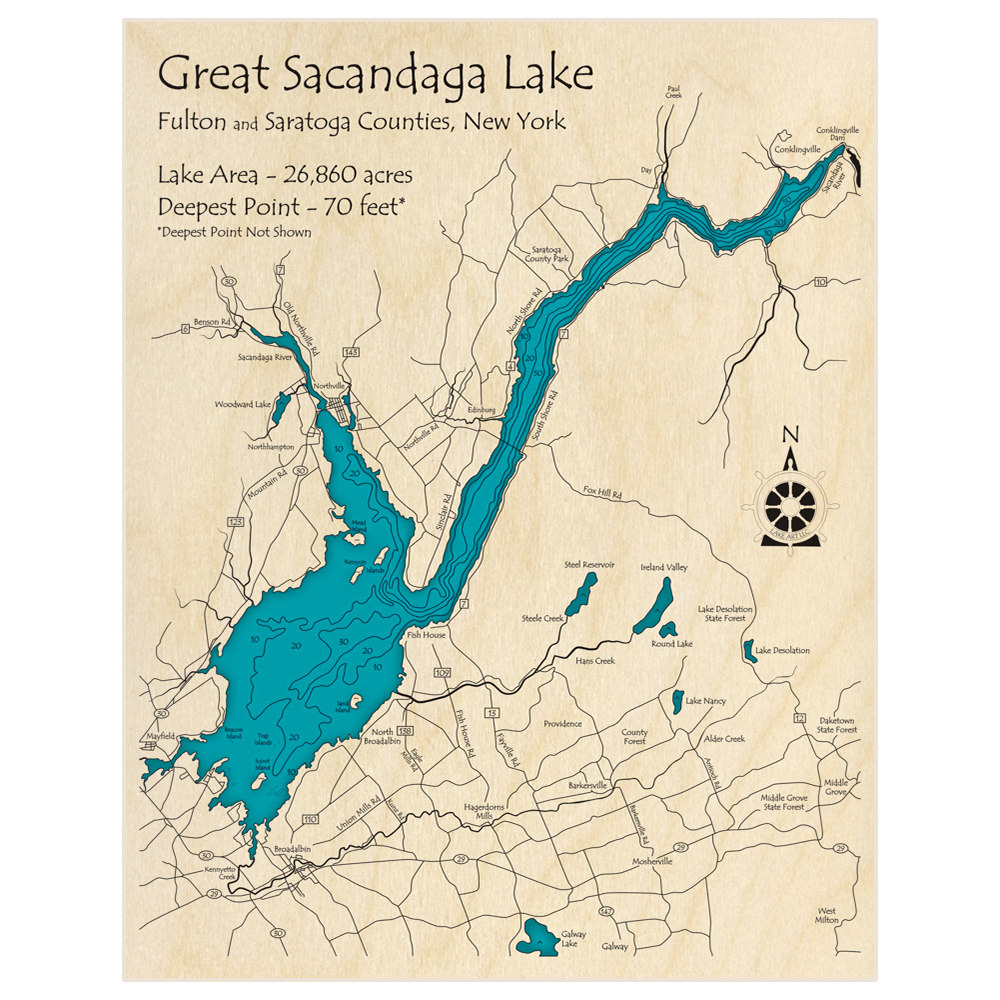 Bathymetric topo map of Great Sacandaga Lake with roads, towns and depths noted in blue water
