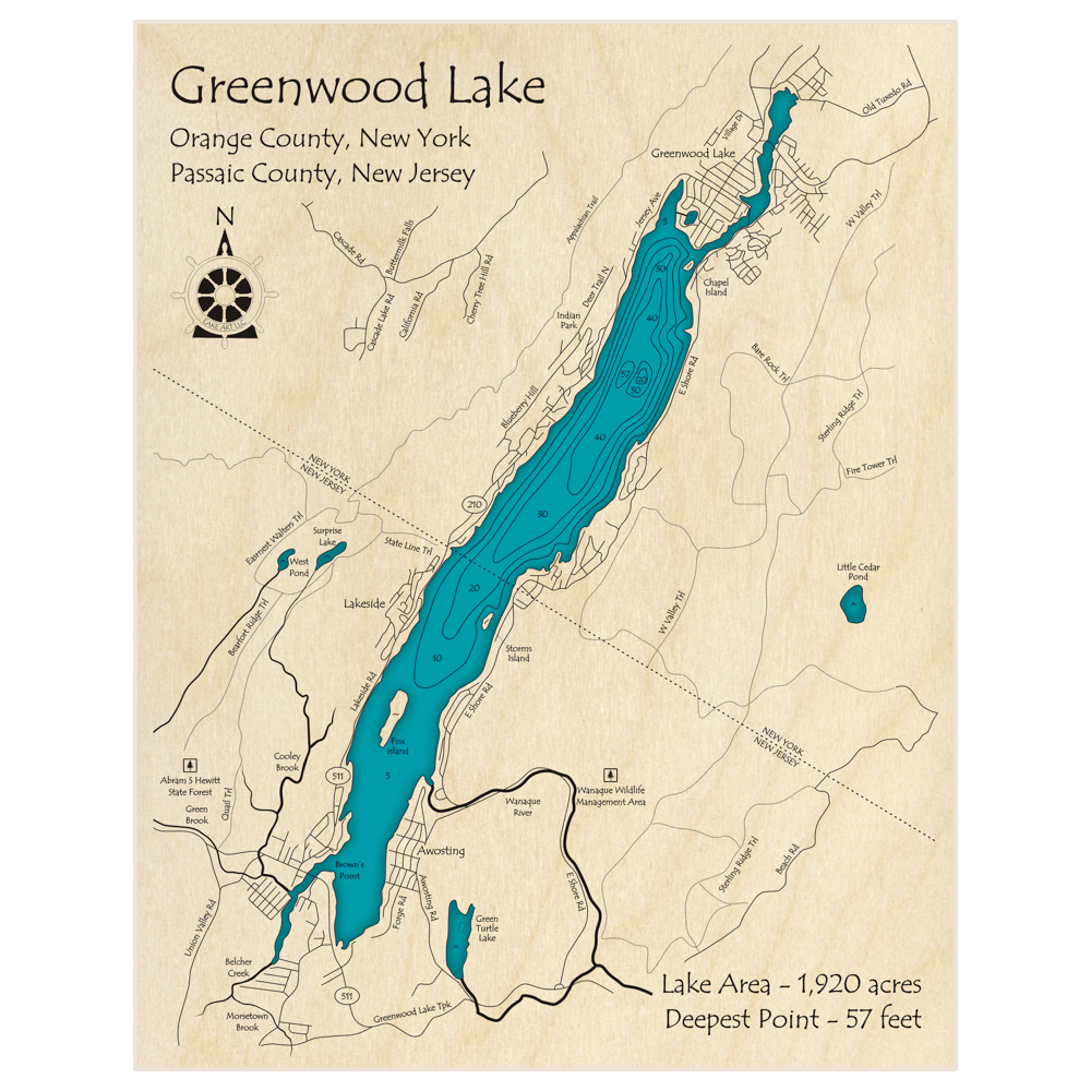 Bathymetric topo map of Greenwood Lake with roads, towns and depths noted in blue water