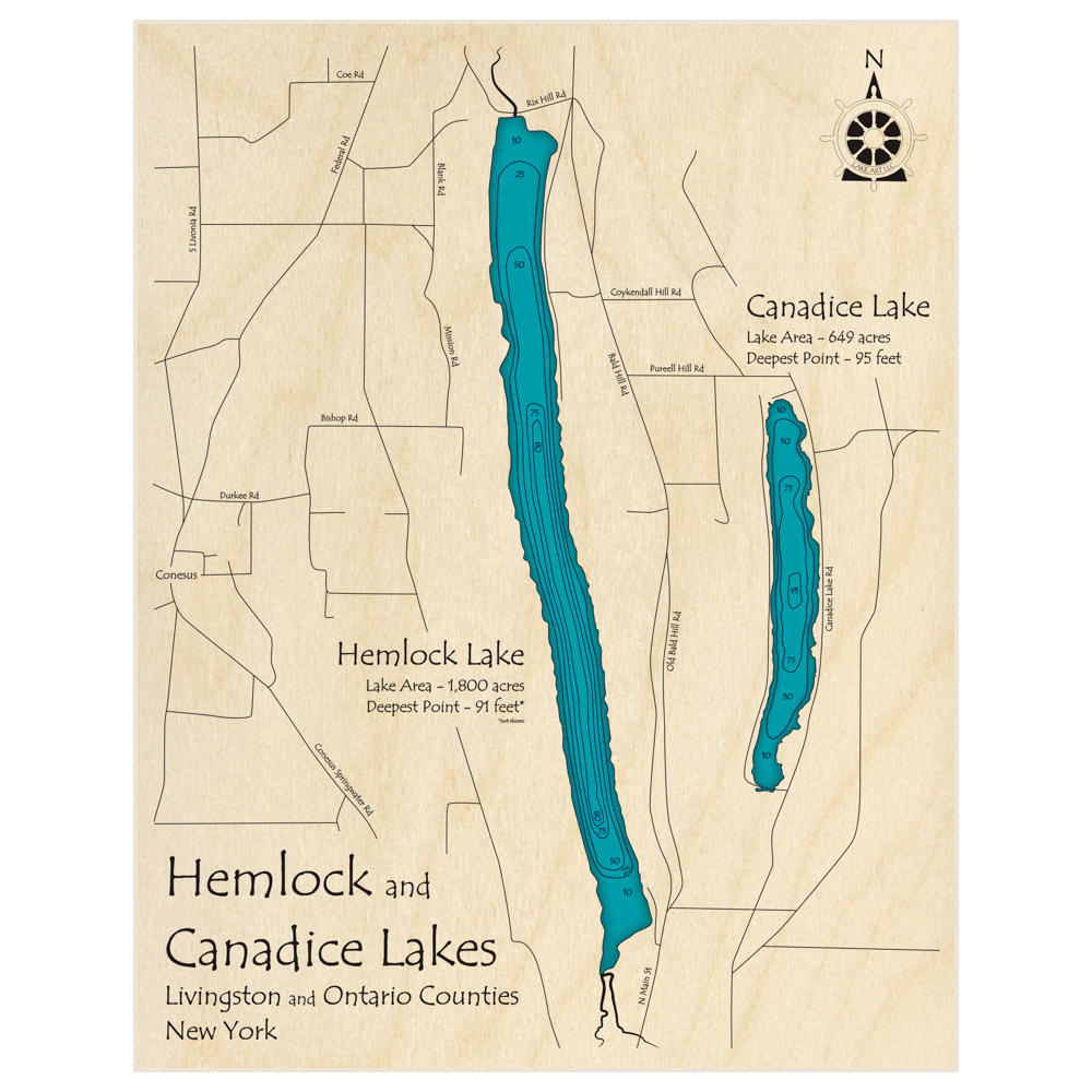 Bathymetric topo map of Hemlock Lake (with Canadice) with roads, towns and depths noted in blue water
