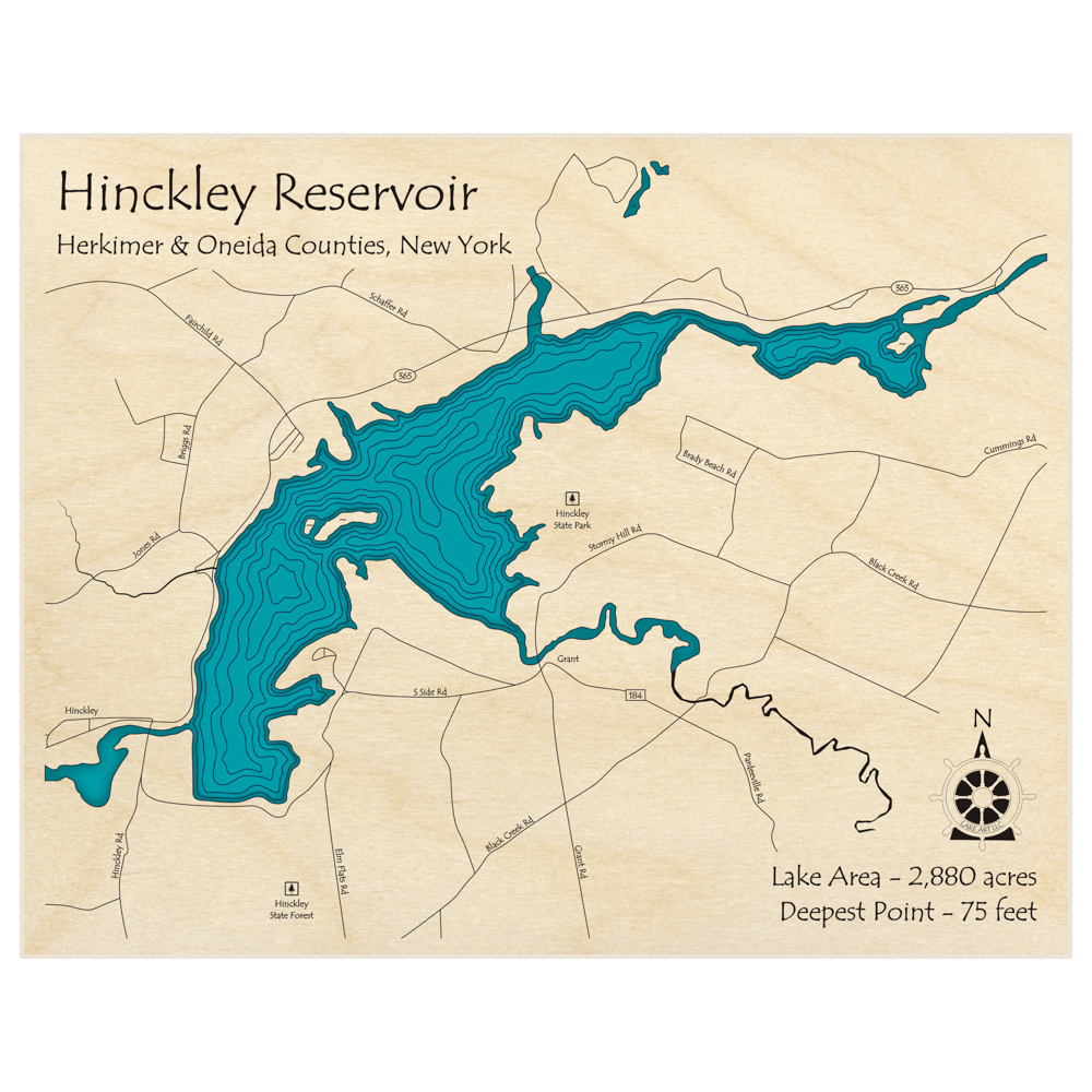 Bathymetric topo map of Hinckley Reservoir  with roads, towns and depths noted in blue water