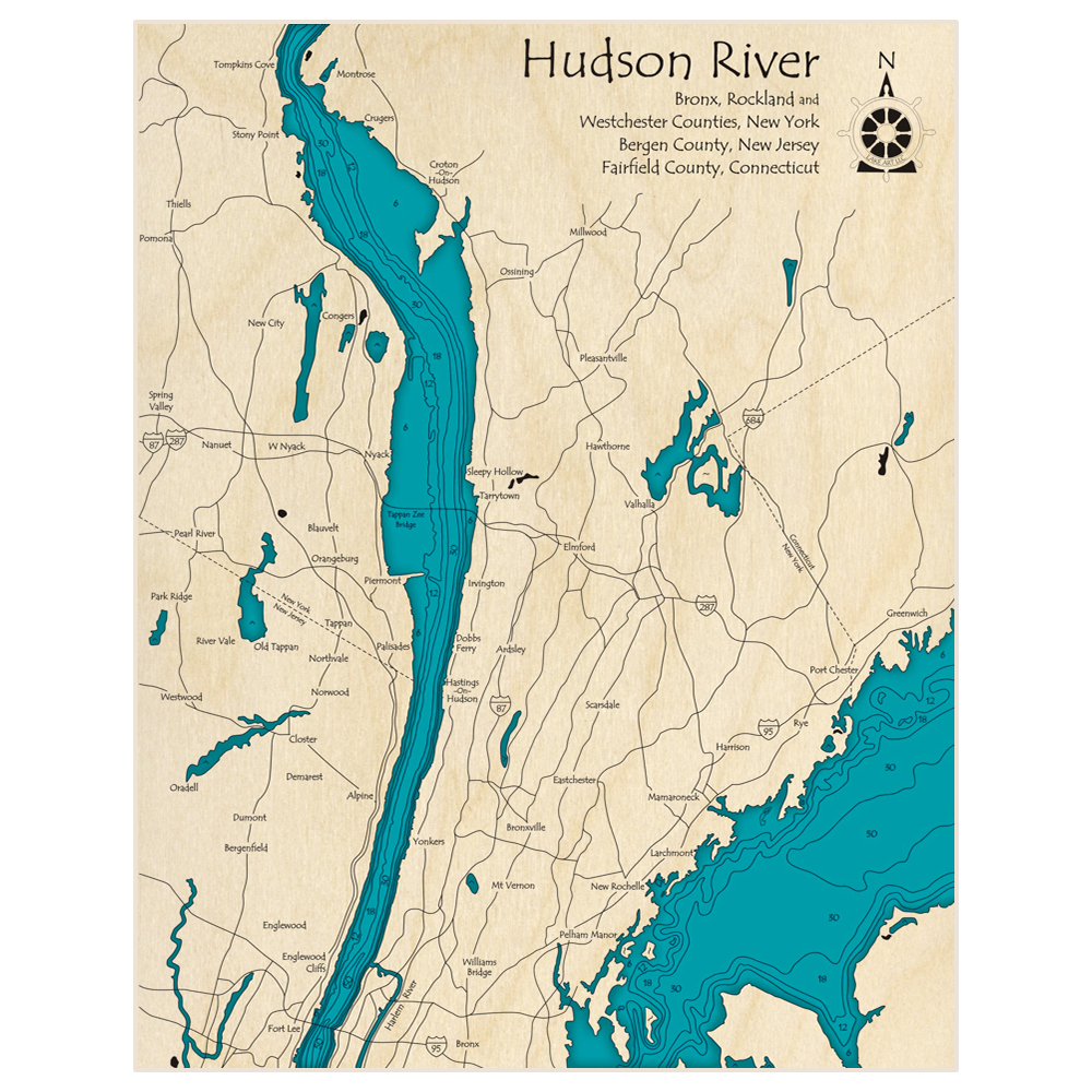 Bathymetric topo map of Hudson River (Tompkins Cove to Ft Lee) with roads, towns and depths noted in blue water