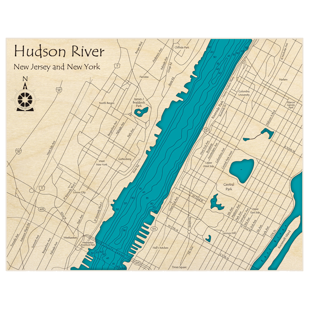 Bathymetric topo map of Hudson River (At North Bergen Union City Central Park) with roads, towns and depths noted in blue water