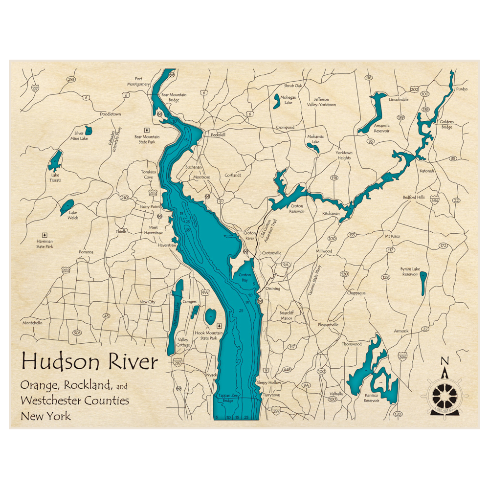Bathymetric topo map of Hudson River (Tappan Zee Bridge to Bear Mountain) with roads, towns and depths noted in blue water