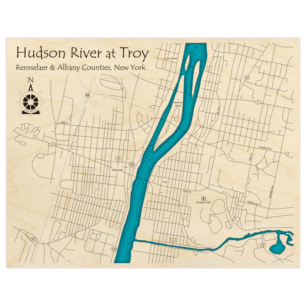 Bathymetric topo map of Hudson River (At Troy) with roads, towns and depths noted in blue water