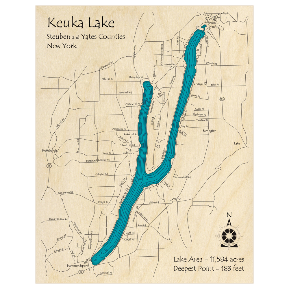 Bathymetric topo map of Keuka Lake with roads, towns and depths noted in blue water