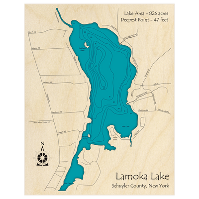 Bathymetric topo map of Lamoka Lake with roads, towns and depths noted in blue water