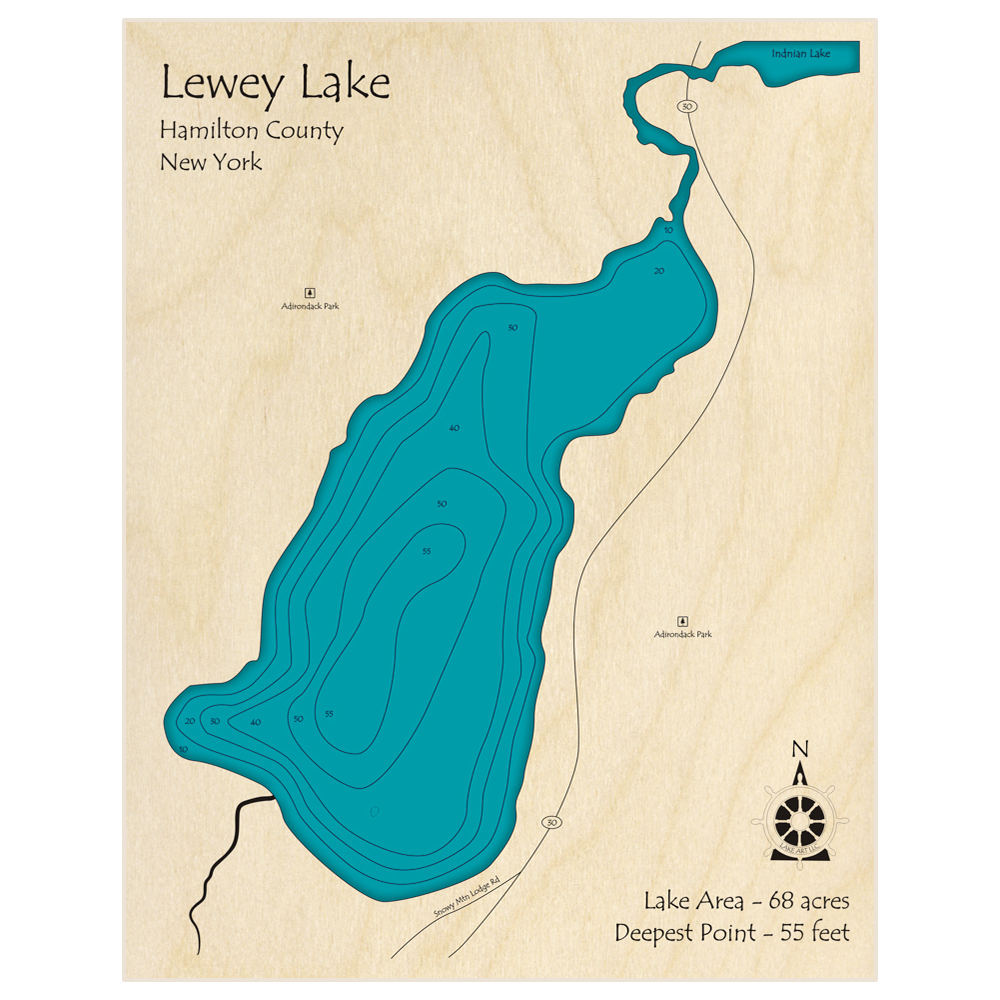 Bathymetric topo map of Lewey Lake with roads, towns and depths noted in blue water
