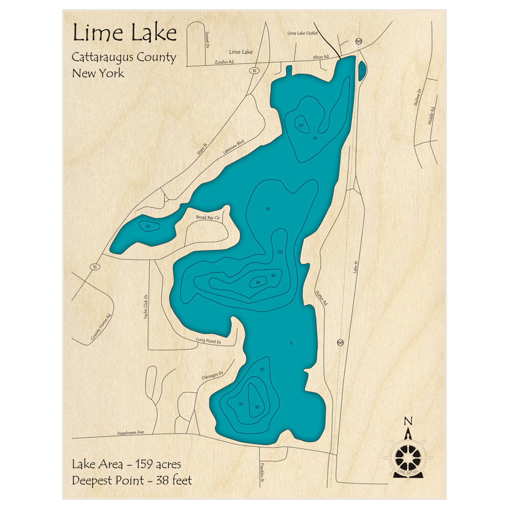 Bathymetric topo map of Lime Lake with roads, towns and depths noted in blue water