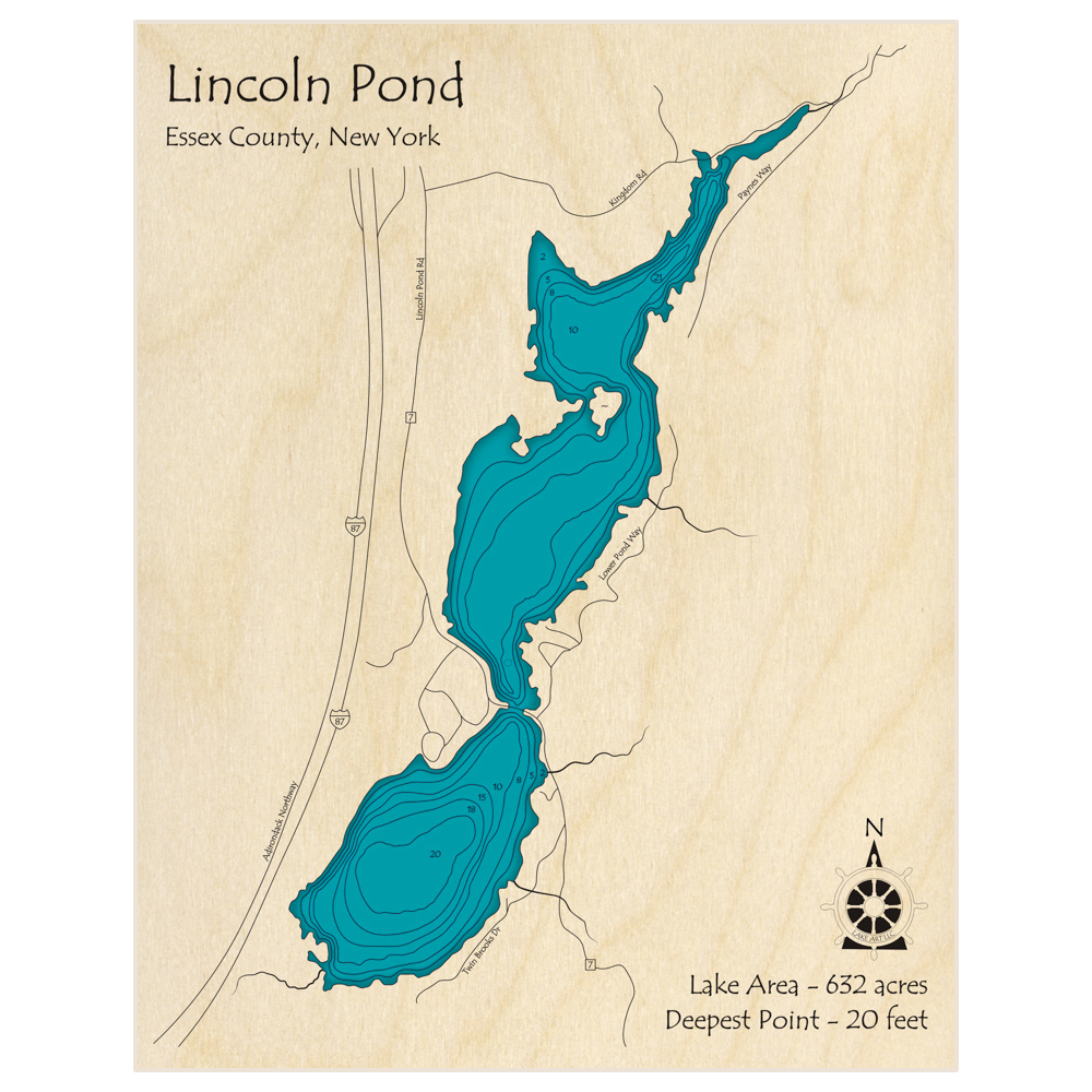 Bathymetric topo map of Lincoln Pond with roads, towns and depths noted in blue water