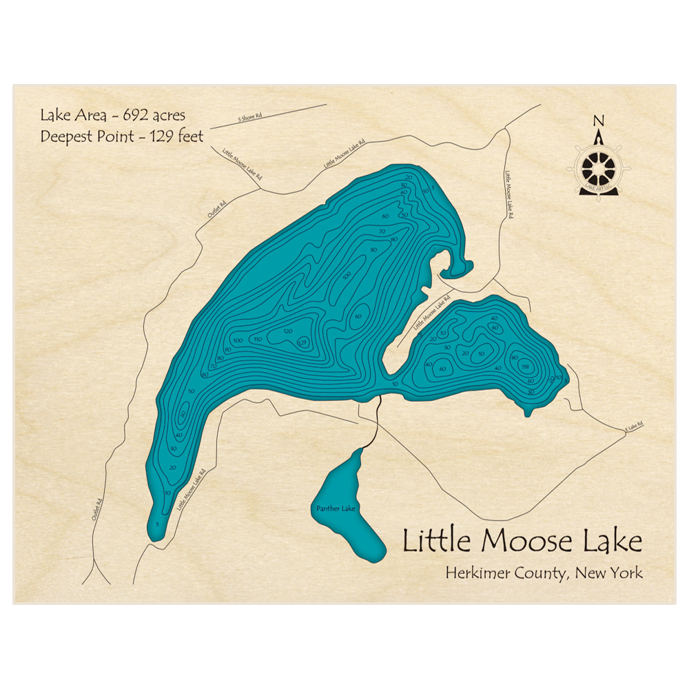 Bathymetric topo map of Little Moose Lake with roads, towns and depths noted in blue water