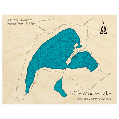Bathymetric topo map of Little Moose Lake with roads, towns and depths noted in blue water