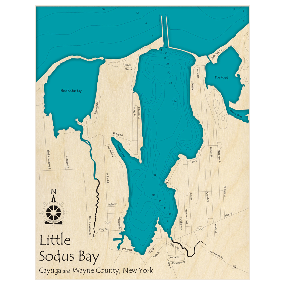 Bathymetric topo map of Little Sodus Bay with roads, towns and depths noted in blue water