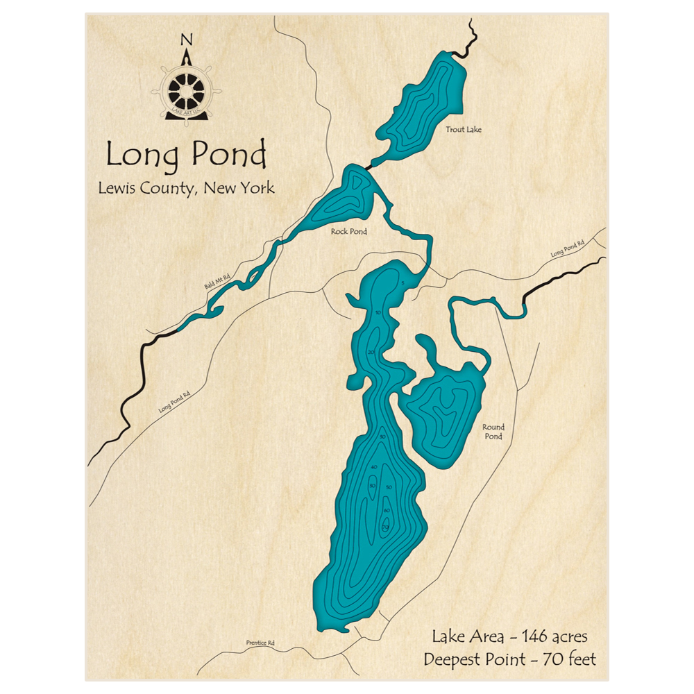 Bathymetric topo map of Long Pond with roads, towns and depths noted in blue water