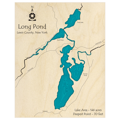 Bathymetric topo map of Long Pond with roads, towns and depths noted in blue water