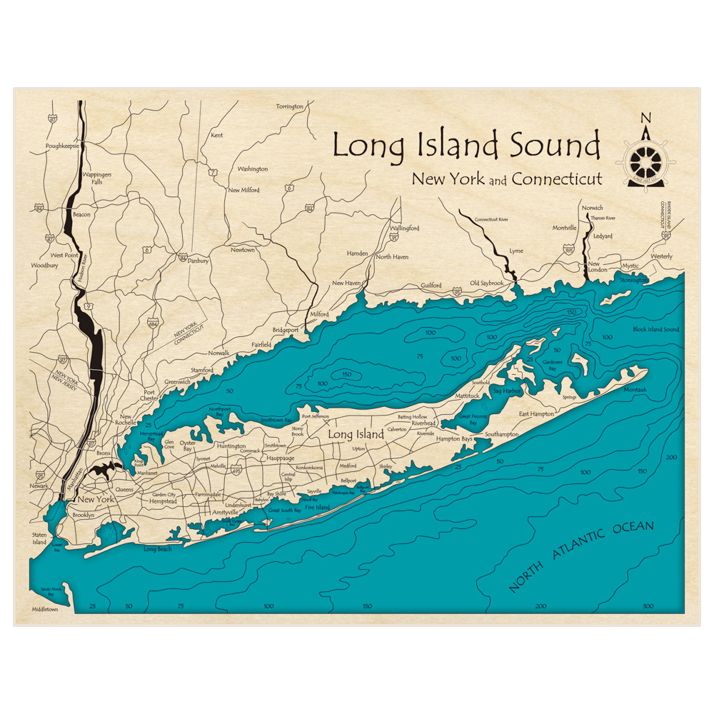 Bathymetric topo map of Long Island Sound with roads, towns and depths noted in blue water