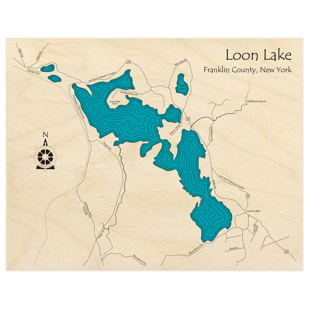 Bathymetric topo map of Loon Lake  with roads, towns and depths noted in blue water