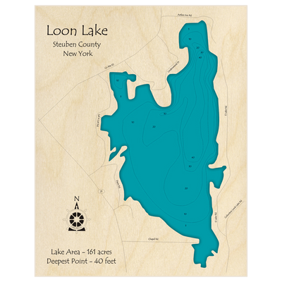 Bathymetric topo map of Loon Lake with roads, towns and depths noted in blue water