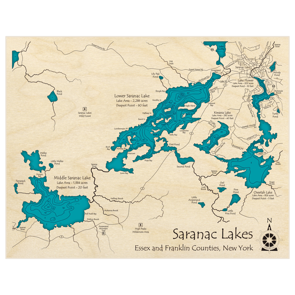 Bathymetric topo map of Lower and Middle Saranac Lakes with Oseetah Flower and Kiwassa) with roads, towns and depths noted in blue water
