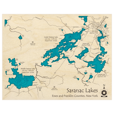 Bathymetric topo map of Lower and Middle Saranac Lakes with Oseetah Flower and Kiwassa) with roads, towns and depths noted in blue water