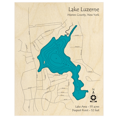Bathymetric topo map of Luzerne Lake with roads, towns and depths noted in blue water