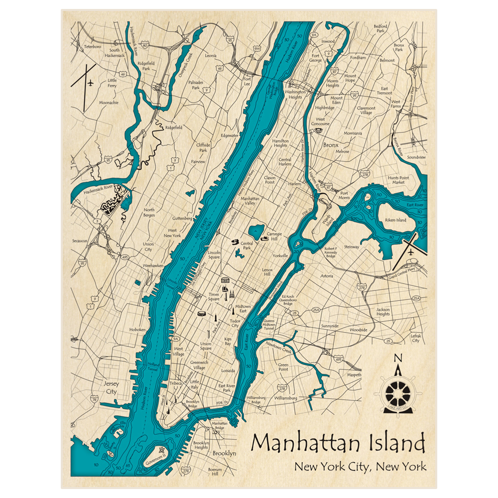 Bathymetric topo map of Manhattan Island - New York City with roads, towns and depths noted in blue water
