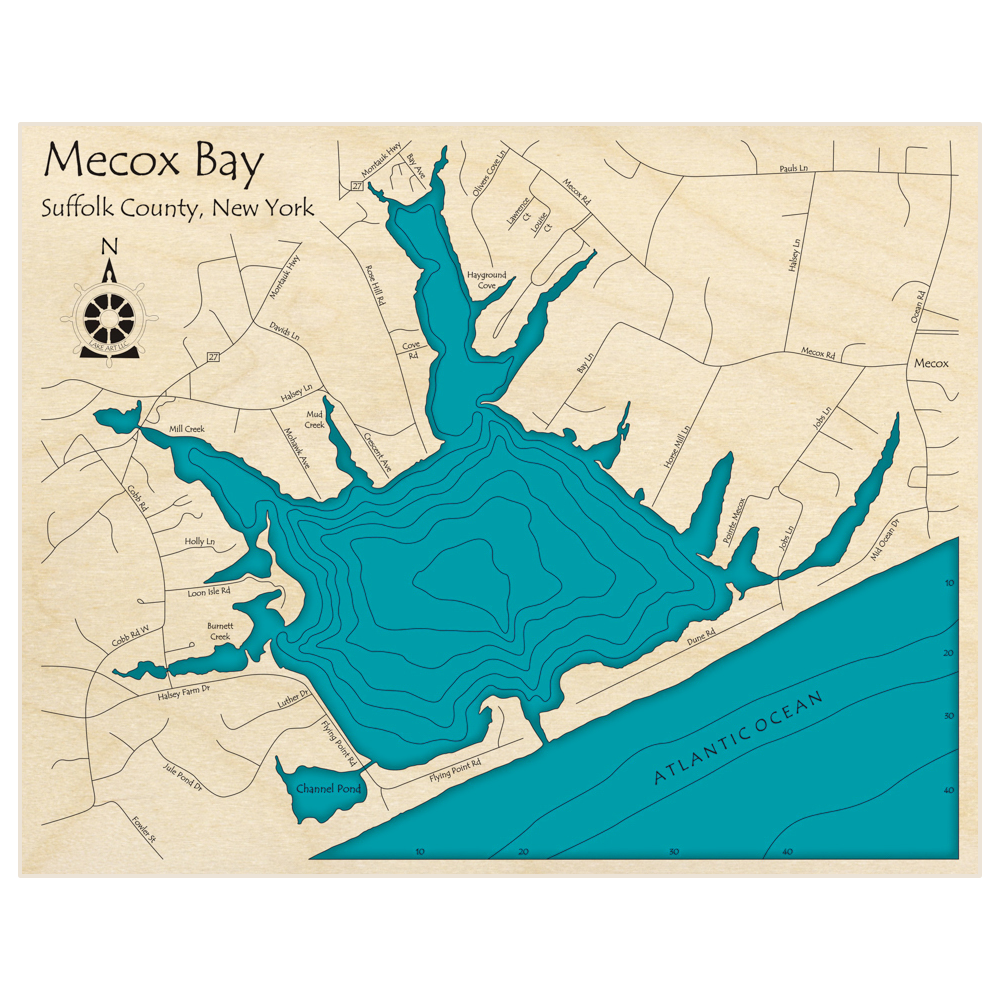 Bathymetric topo map of Mecox Bay with roads, towns and depths noted in blue water
