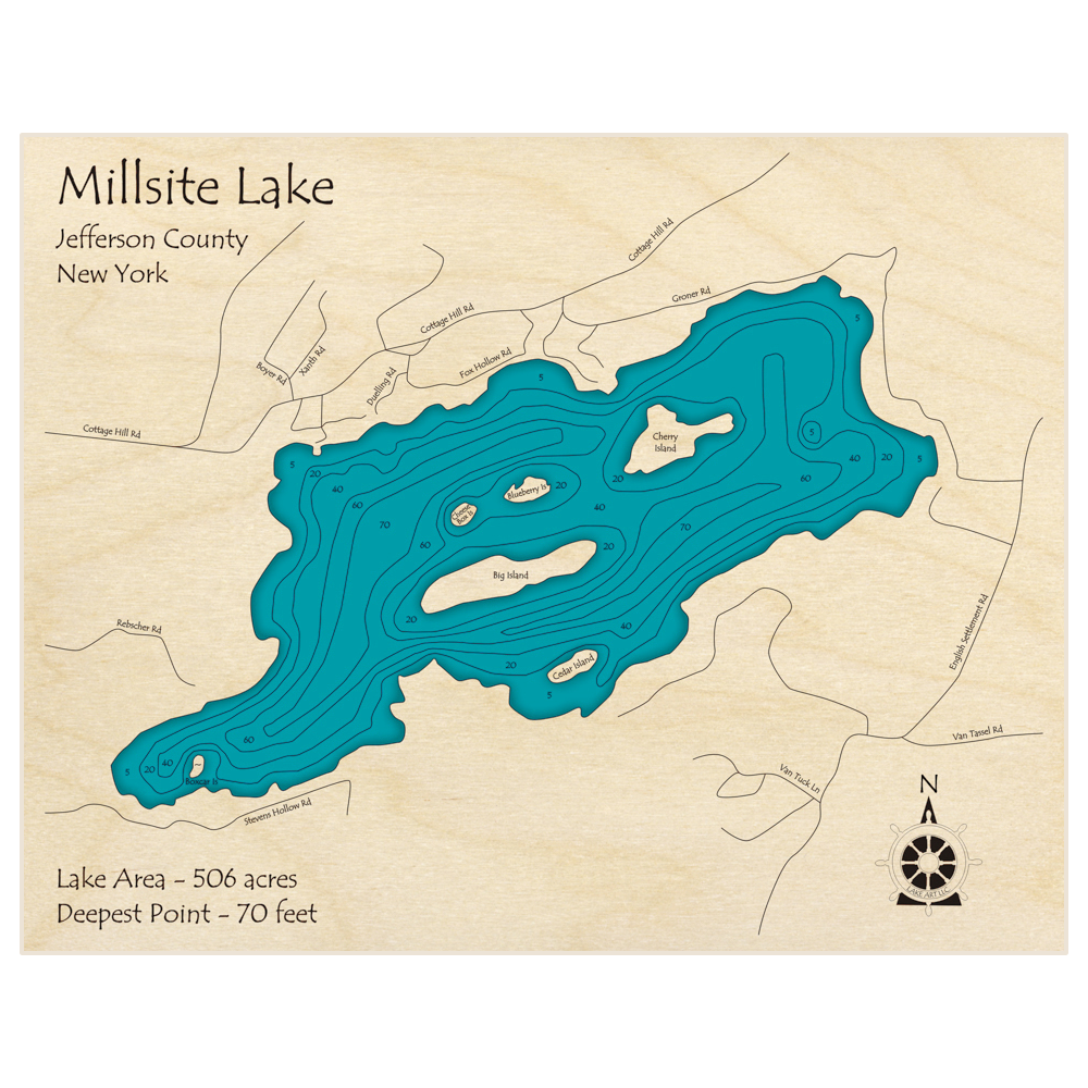 Bathymetric topo map of Millsite Lake with roads, towns and depths noted in blue water