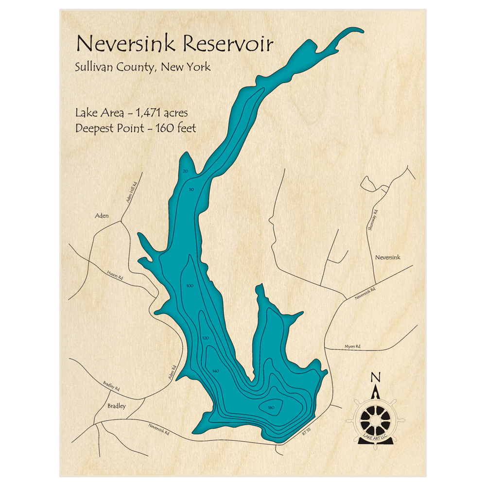 Bathymetric topo map of Neversink Reservoir with roads, towns and depths noted in blue water