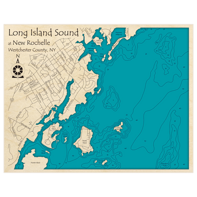 Bathymetric topo map of Long Island Sound (at New Rochelle) with roads, towns and depths noted in blue water
