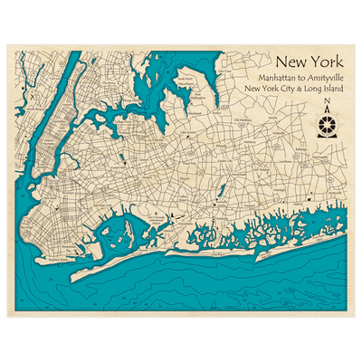 Bathymetric topo map of New York (Manhattan to Amityville) with roads, towns and depths noted in blue water