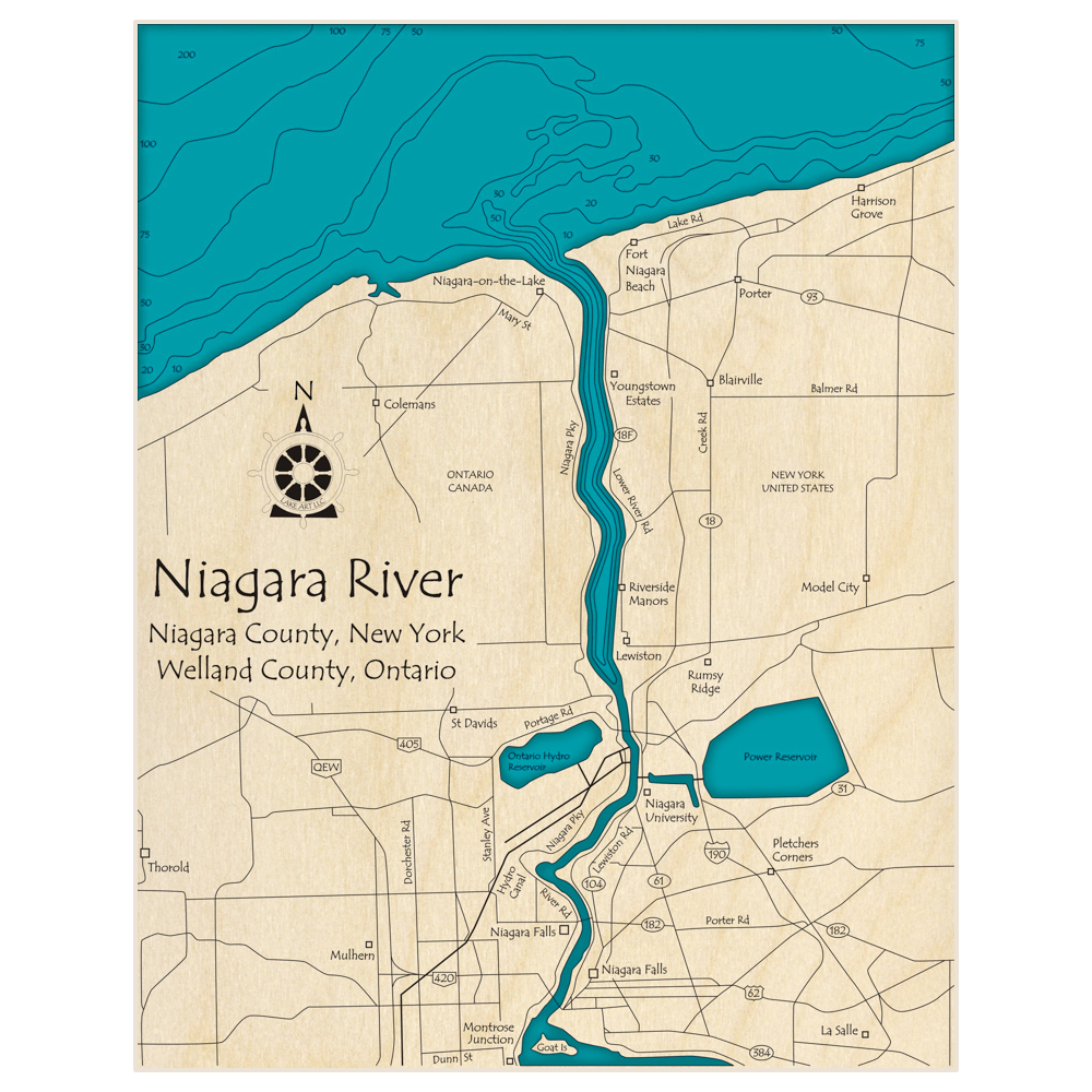 Bathymetric topo map of Niagara River (Ontario to Falls) with roads, towns and depths noted in blue water